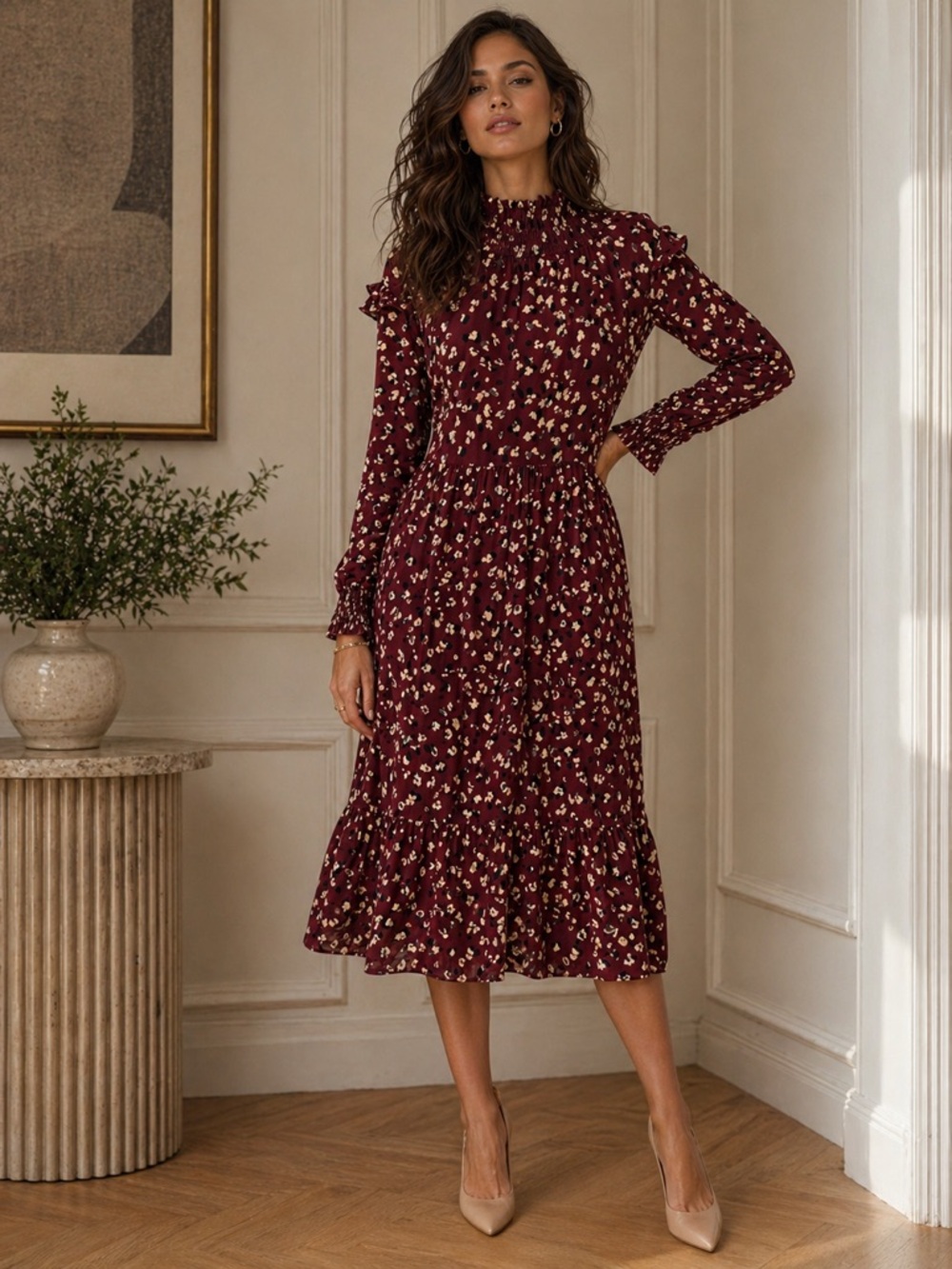 MDRN Burgundy Floral Midi Dress Ruffle Neck Long Sleeve Boho